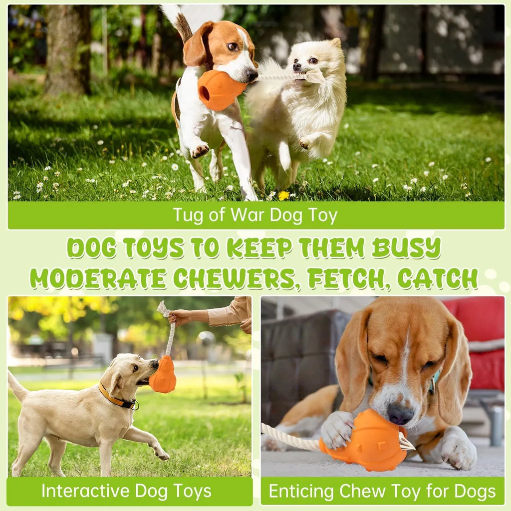 Natural rubber stuffable dog chew toy with a long strap for fetching and treat dispensing