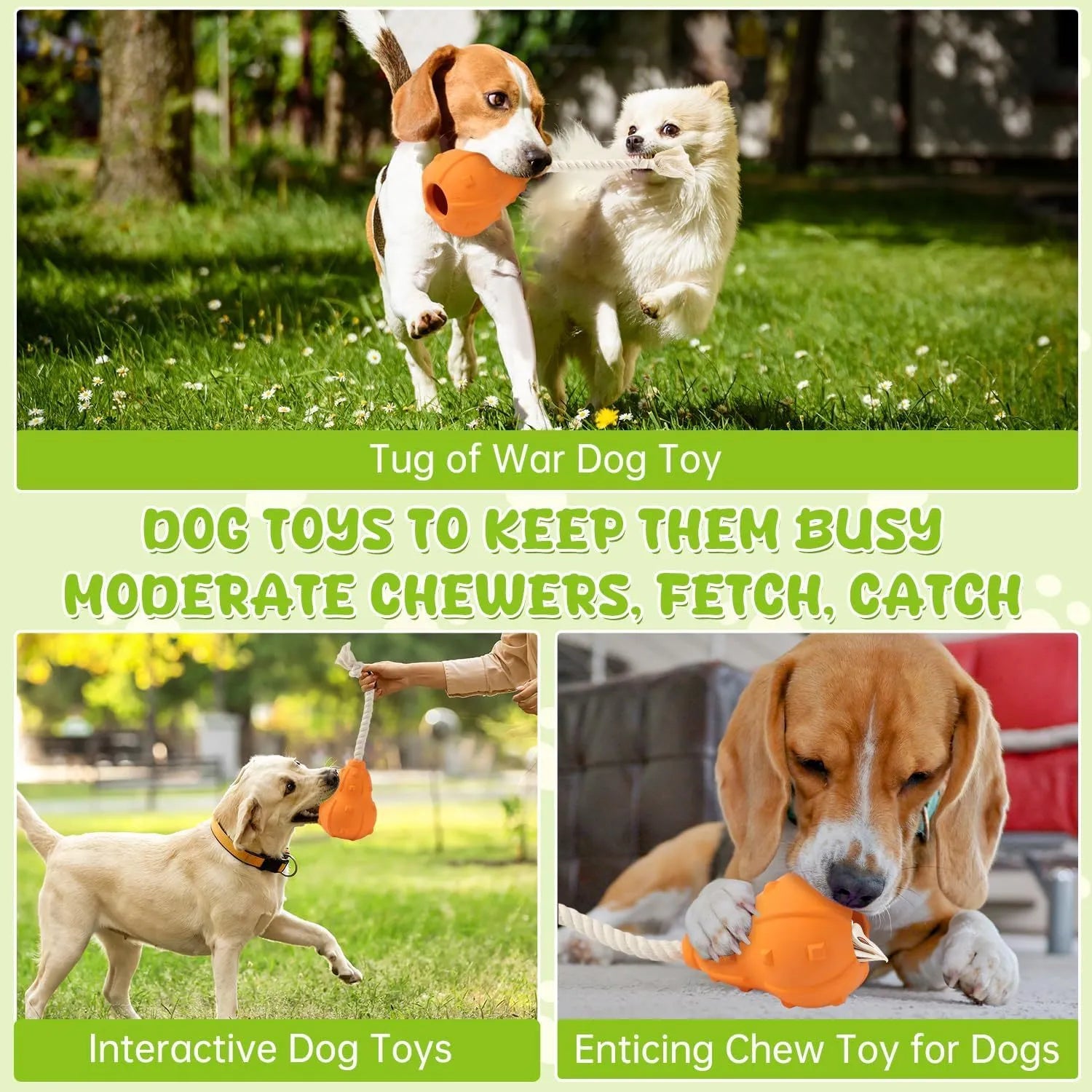 Natural rubber stuffable dog chew toy with a long strap for fetching and treat dispensing