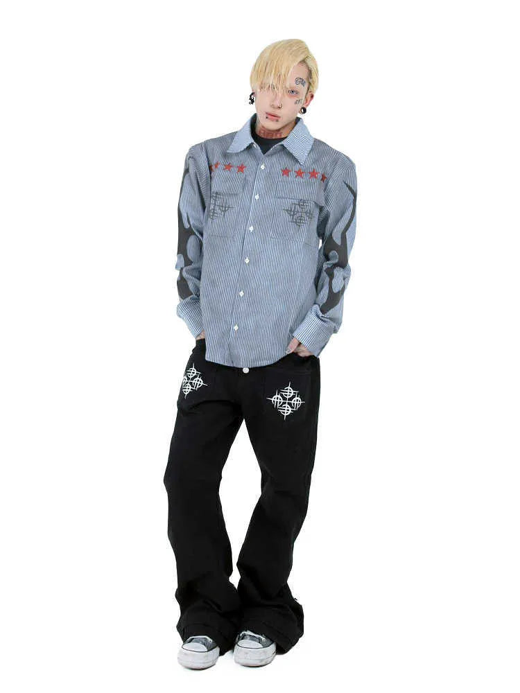 Men's washed blue striped casual shirt with lapel collar and long sleeves