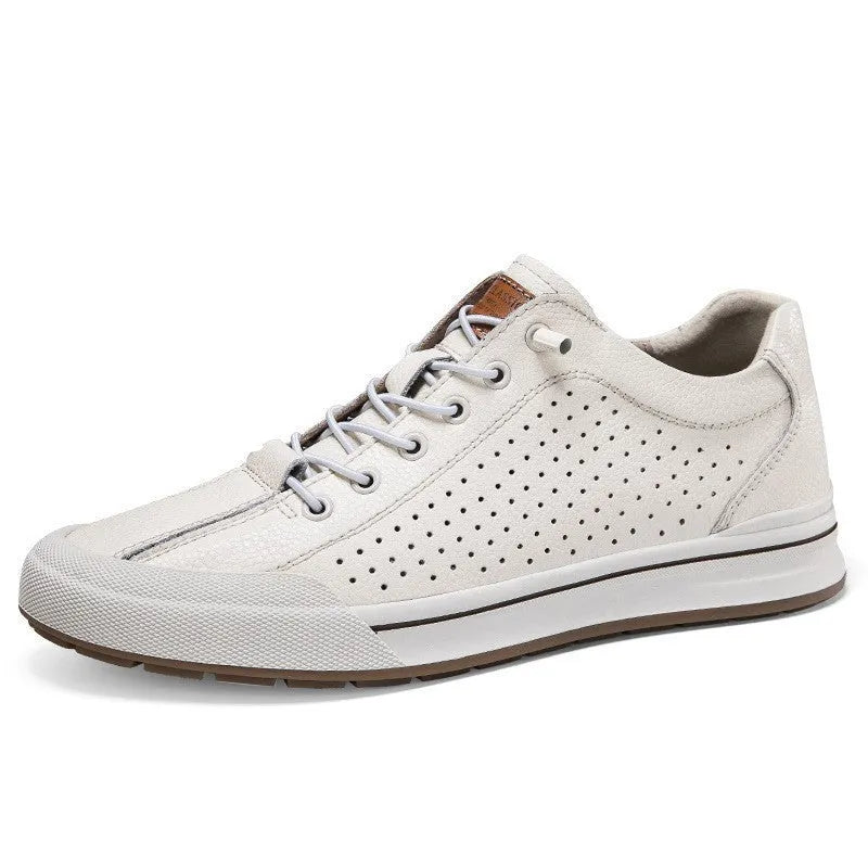 Men's white and black leather lace-up casual trainers with round toe and flat heel