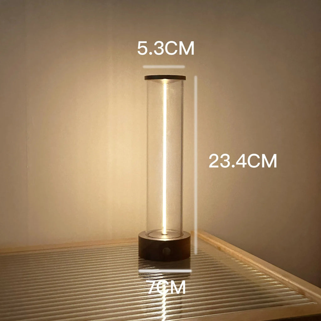 Modern glass USB rechargeable LED night light with magnetic base, dimensions 53mm by 234mm
