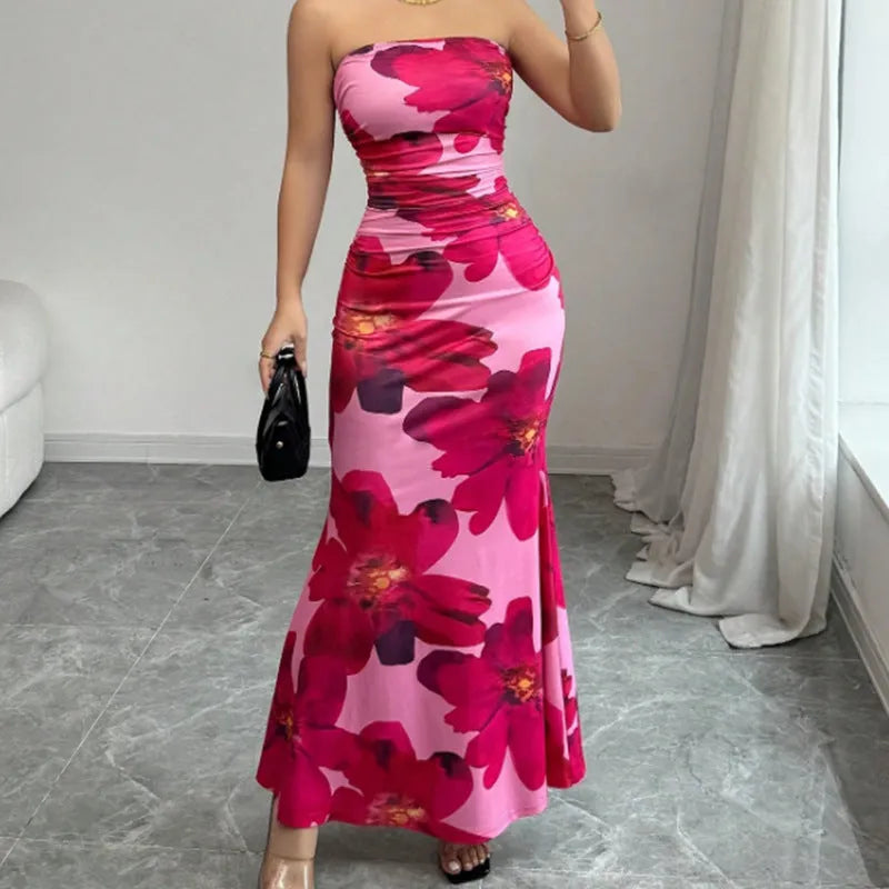 Sleeveless pink flowers print long hip skirt dress with high waist and slim fit, sizes S to XL