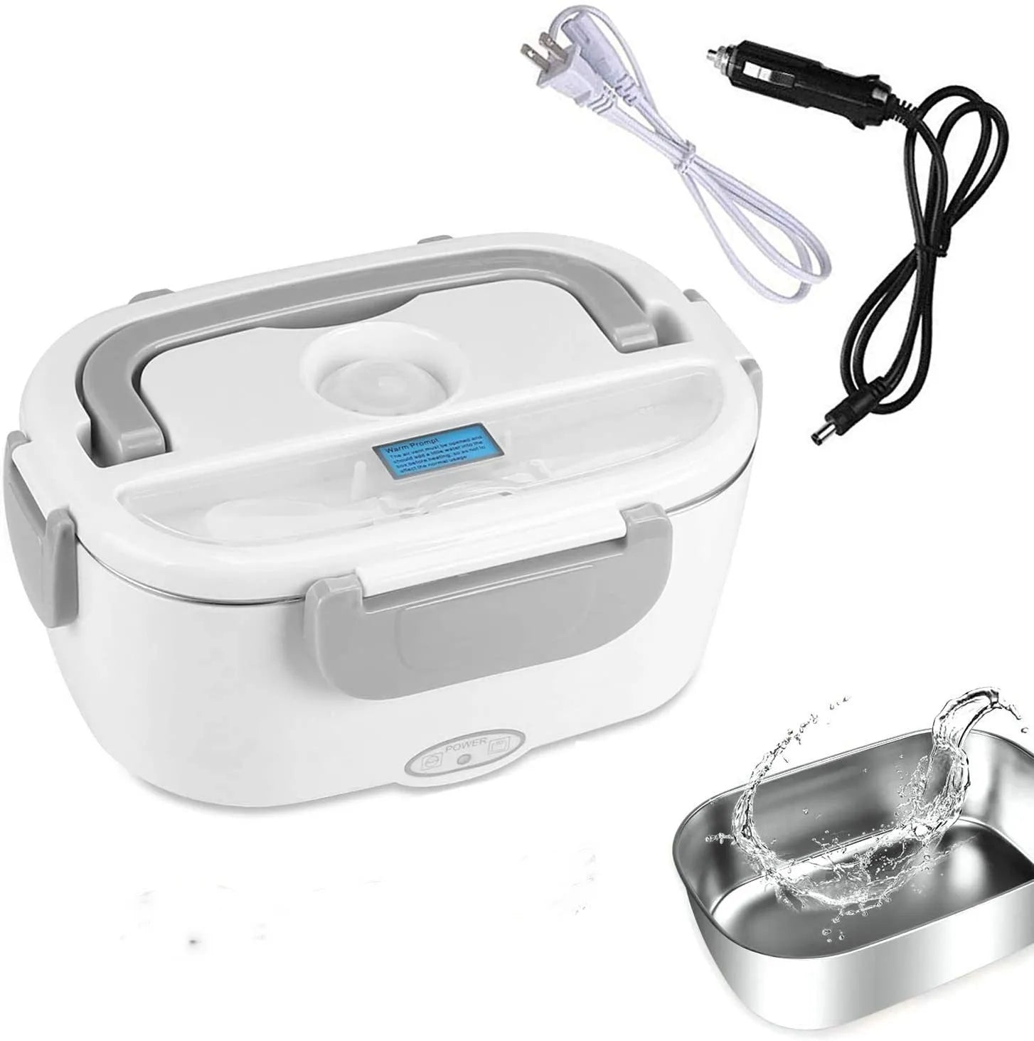 Grey dual-power electric lunch box with 1.1 litre capacity for car and home use.