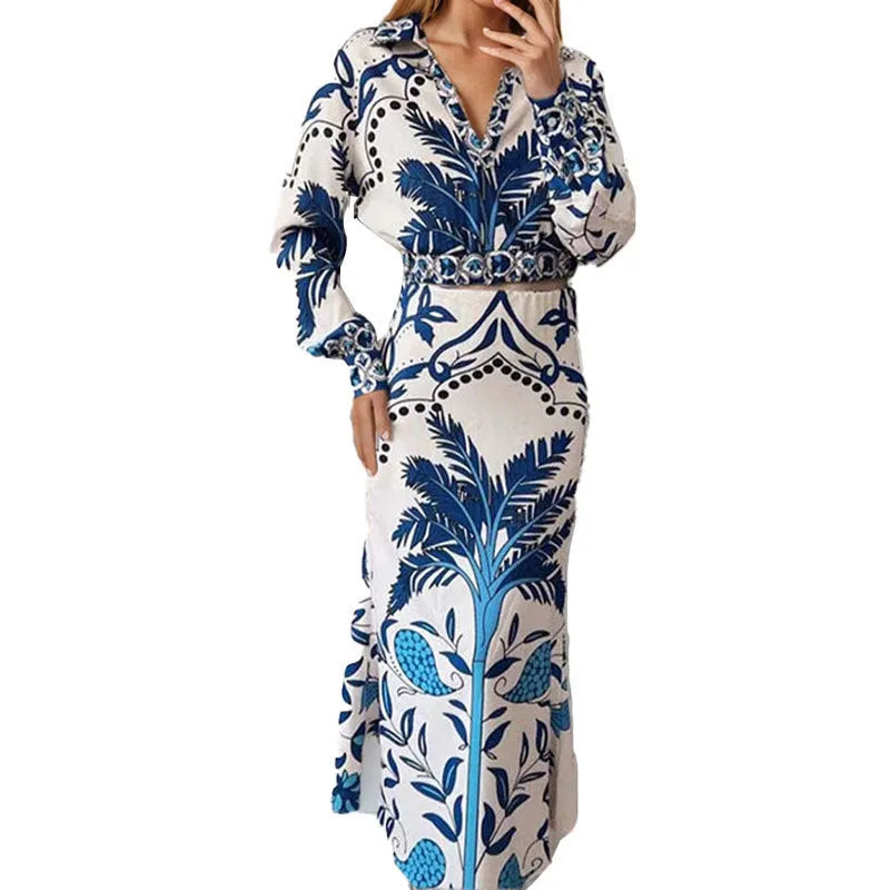 Women's polyester spring co-ord set with long sleeve top and matching long skirt in picture colour