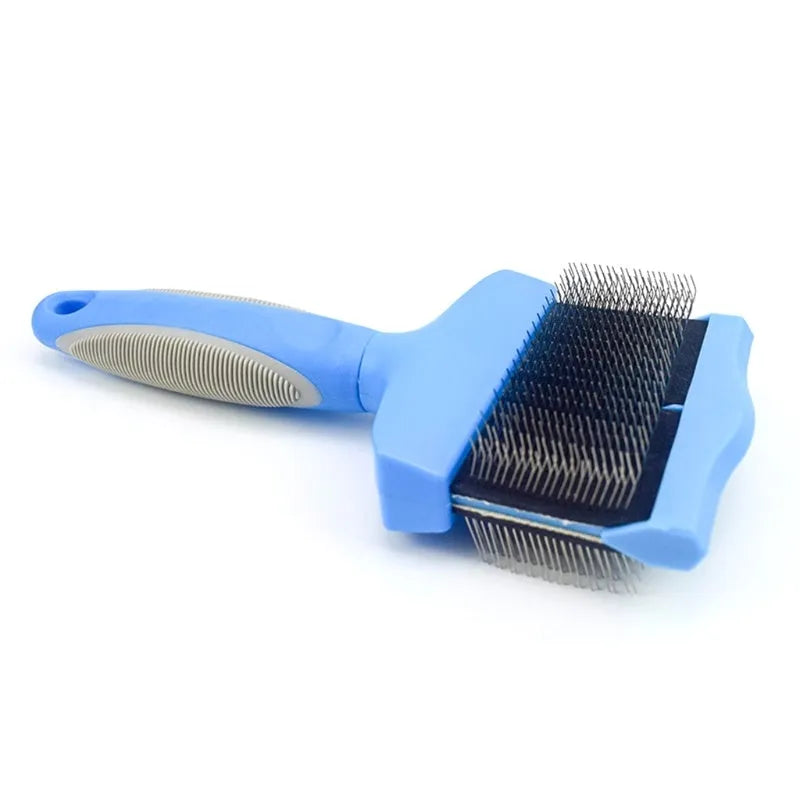 Double-sided pet brush with stainless steel bristles and ergonomic blue handle