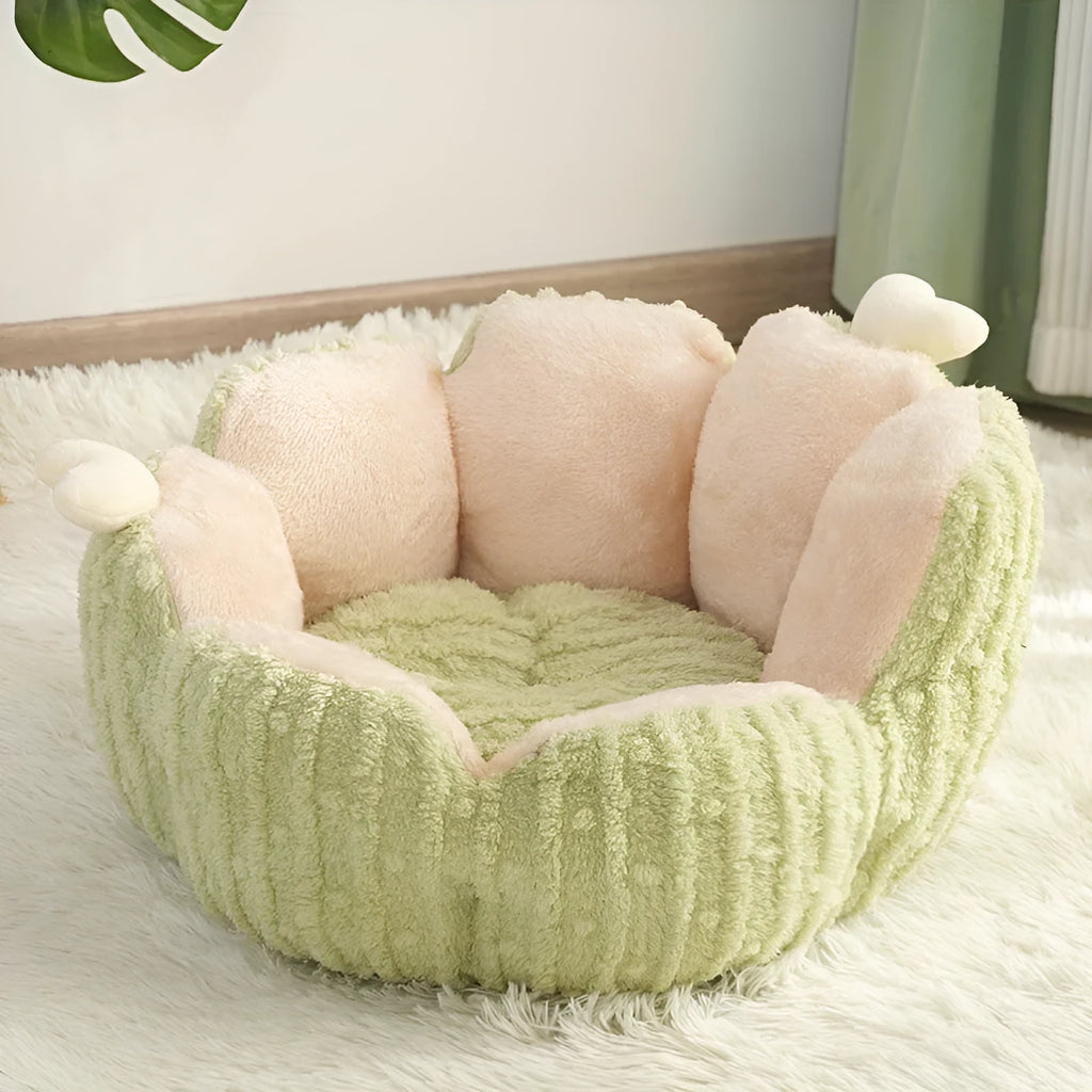 Soft cat litter kennel with removable cushion in green colour showing enclosed pet bed design