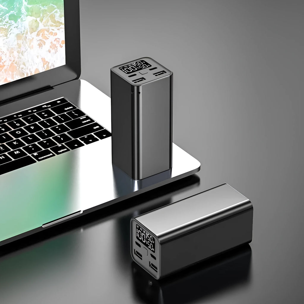 High power laptop charging bank with metal casing showing dimensions 47.5 x 104.5 x 47.5mm