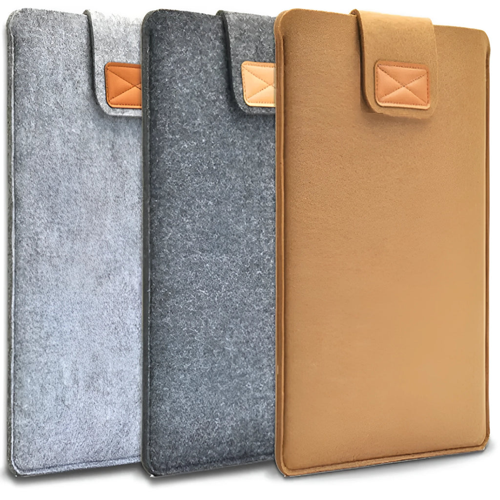 Clamshell laptop bag in khaki, light grey, or dark grey with a woven plush texture and corner protector.