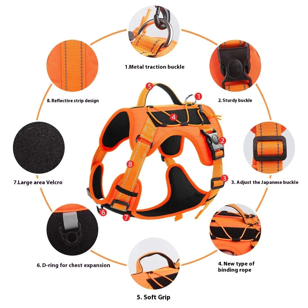 Orange PU dog vest harness with an integrated black hand-holding rope leash, shown on a medium-sized dog.