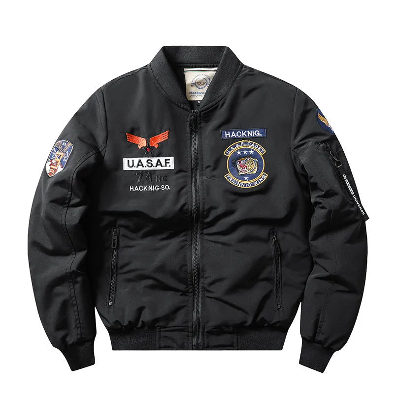 Men's slim-fit stand collar retro quilted motorcycle jacket in blue on a mannequin