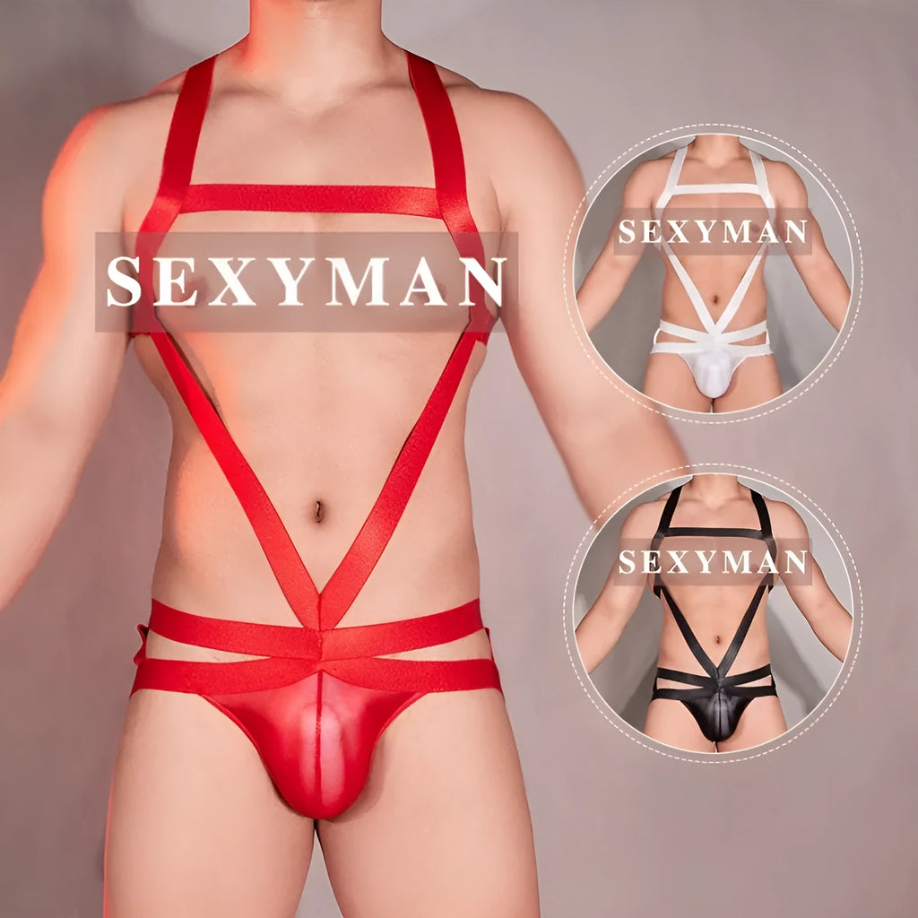 Men's high elastic hollow nylon jumpsuit in black front view free size one-piece bodysuit