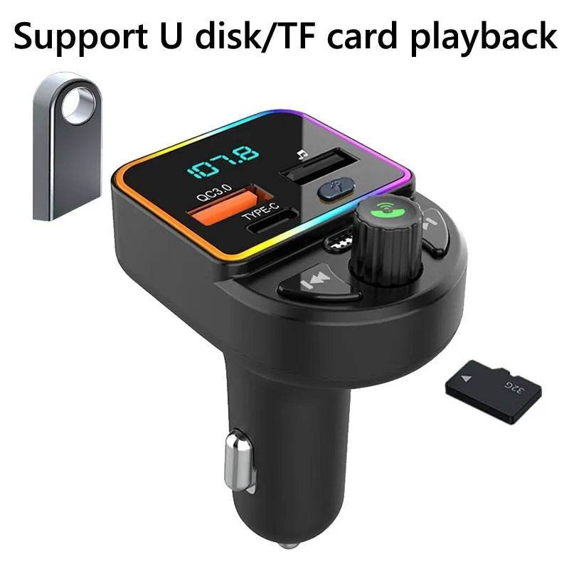 Car FM transmitter Bluetooth hands-free kit with 1.2-inch display and ABS body, plugged into cigarette lighter socket