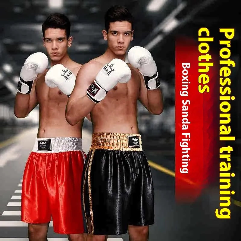Comprehensive fighting boxing pants Sanda shorts in black red nylon fabric on white background