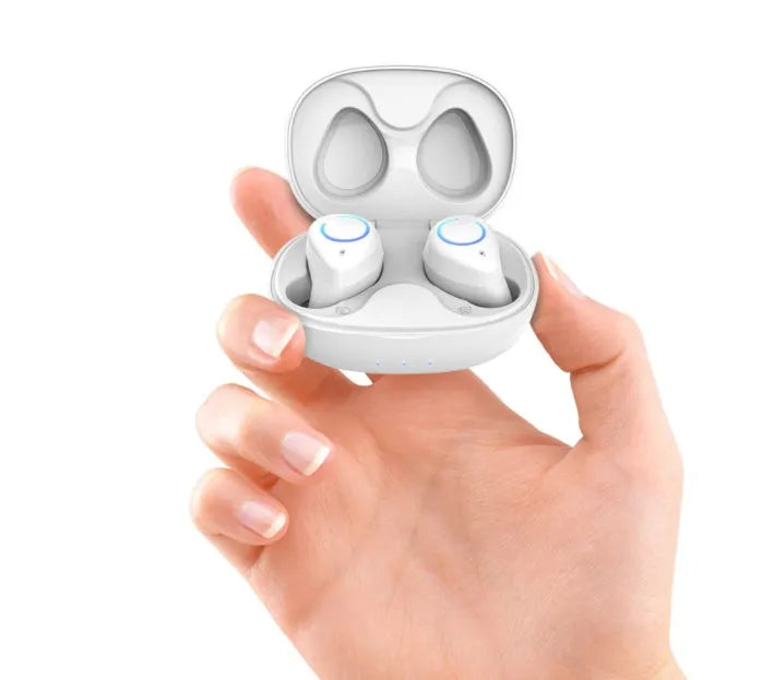 M18 true wireless stereo in-ear headset in black and white colour options with charging case