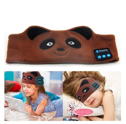 Black Bluetooth sleep mask with built-in headphones on a grey background