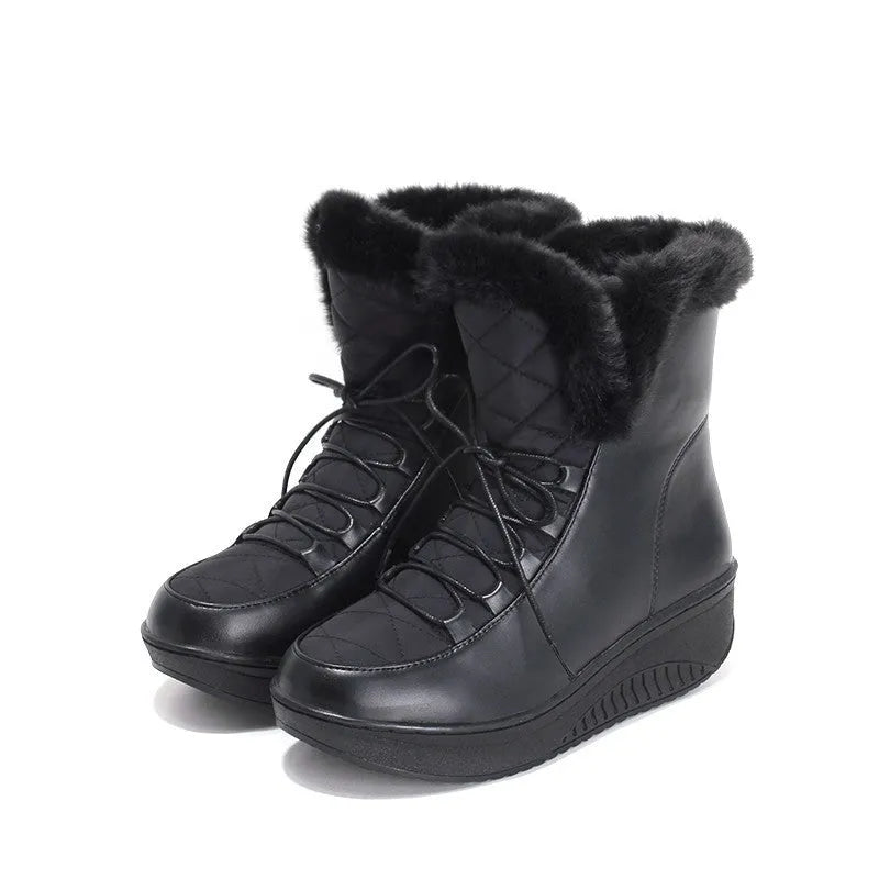 Women's black platform winter boots with lace-up closure and water-resistant PU leather