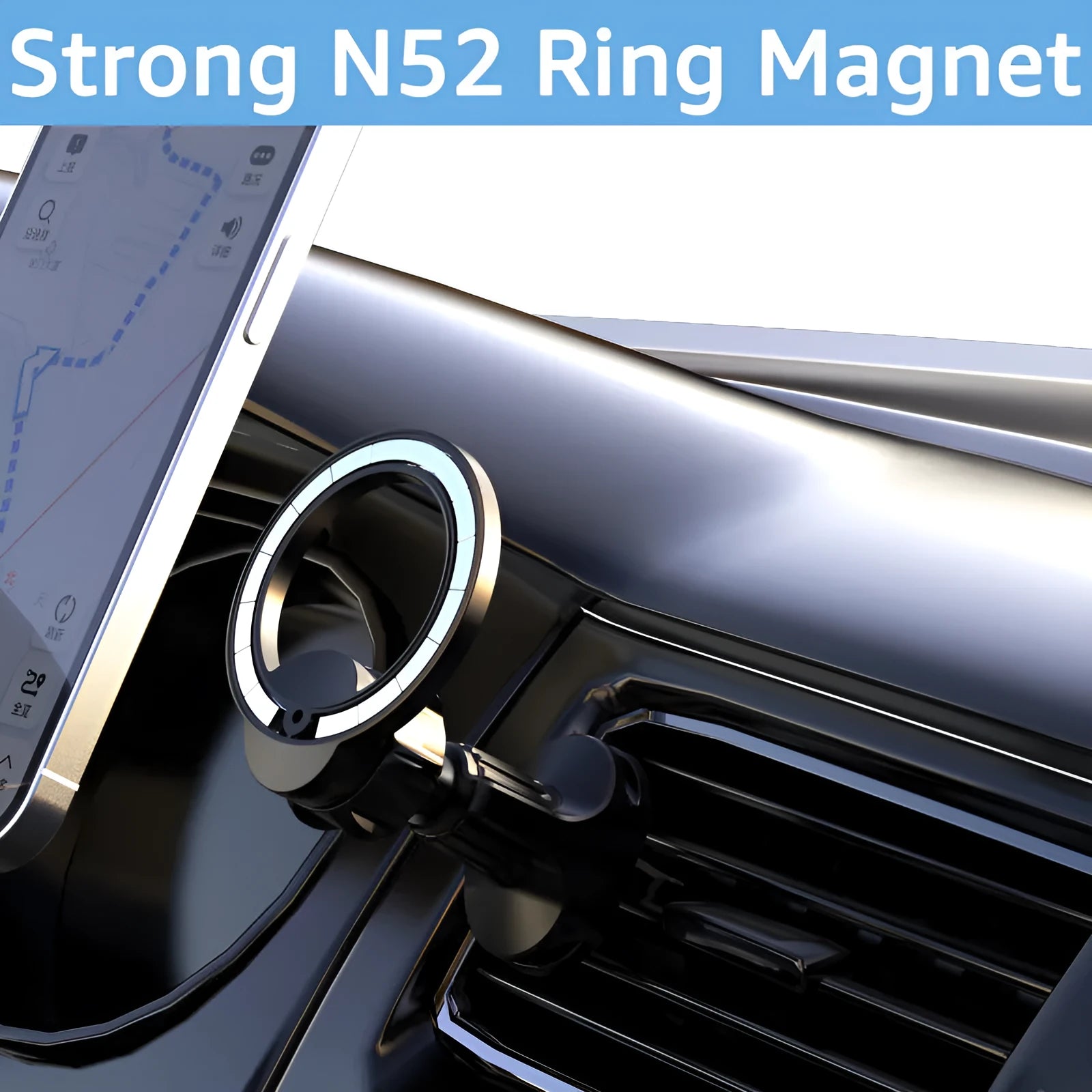 Black magnetic car air vent phone holder with O‑ring bracket for phones up to 6.8 inches