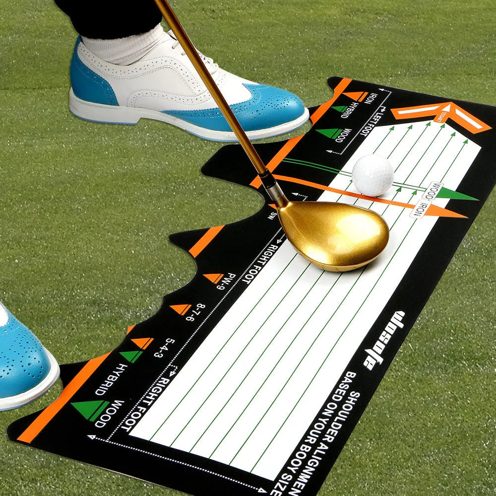 Black neoprene golf swing standing posture auxiliary pad on a practice surface.