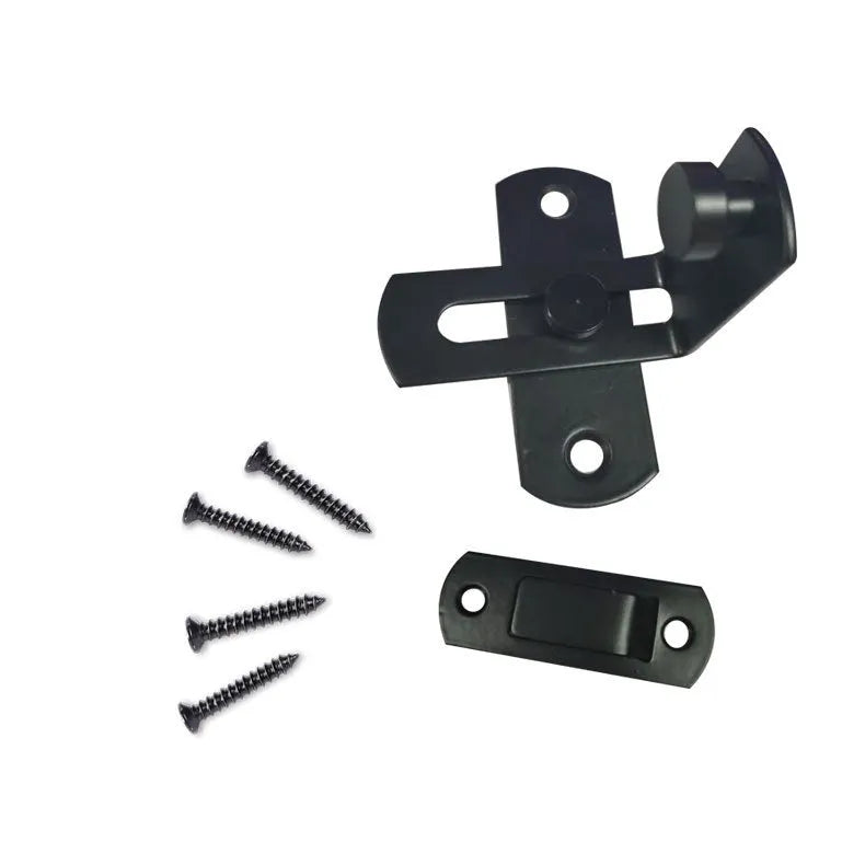 90-degree black carbon steel buckle lock with flat stainless steel shackle for sliding doors