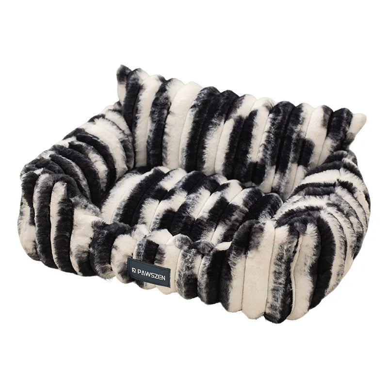 Large plush pet sofa bed for cats in brown colour with pattern drawing design and raised sides