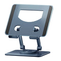 360-degree rotating aluminium alloy desktop folding tablet stand in silver on a desk