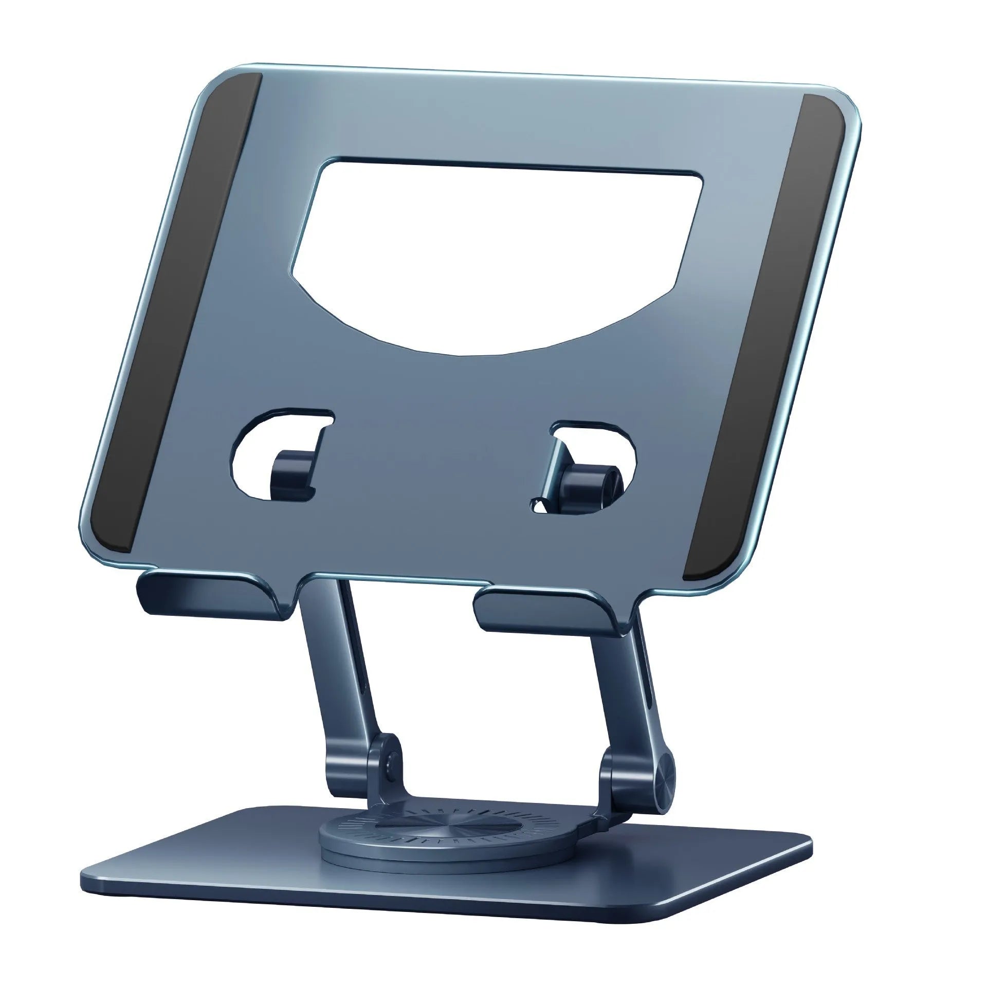 360-degree rotating aluminium alloy desktop folding tablet stand in silver on a desk