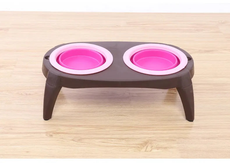 Folding pet double bowl in grey collapsed flat showing PP and TPR construction with two compartments