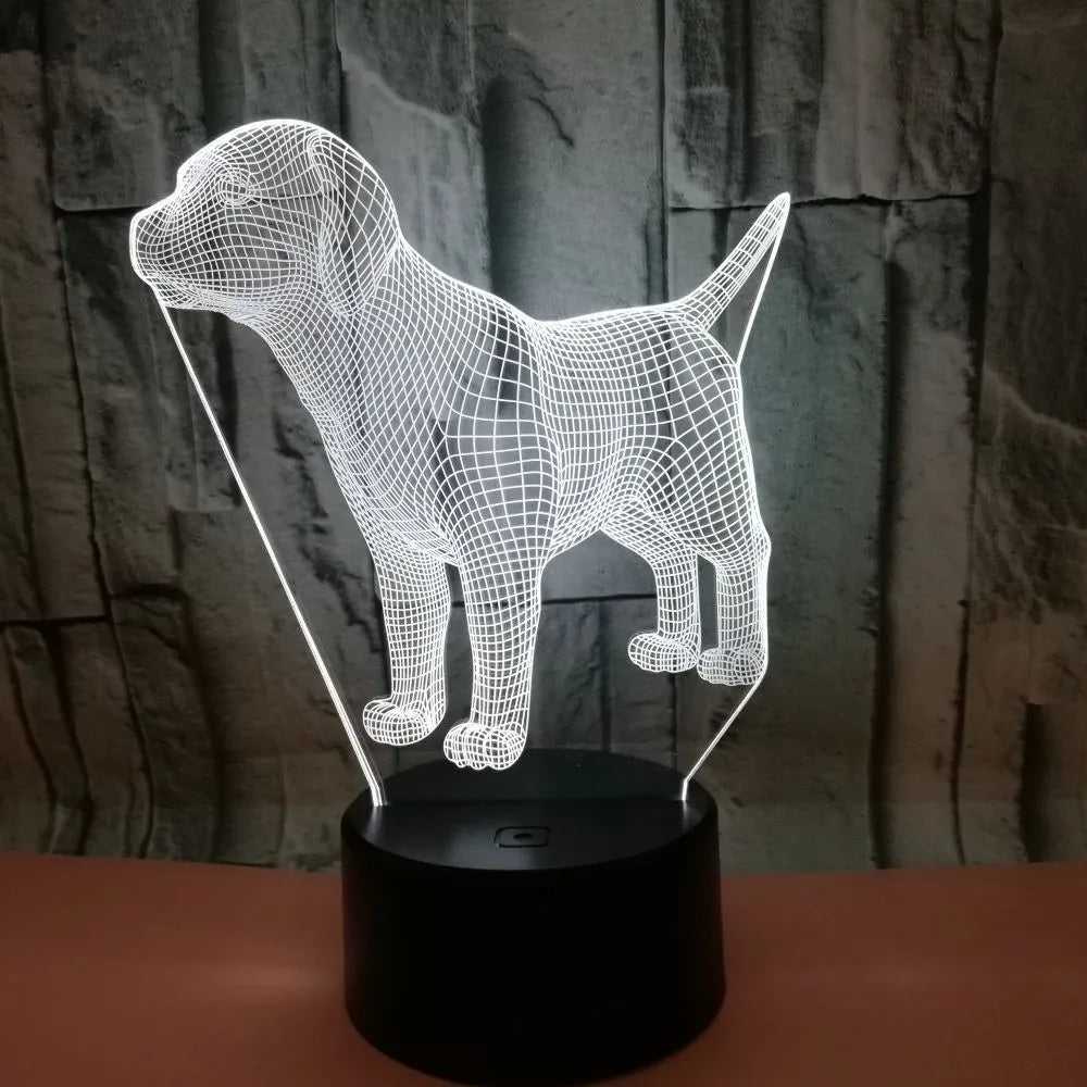 Dog-shaped mood lamp with USB cable and remote control, showing 7 colour touch options