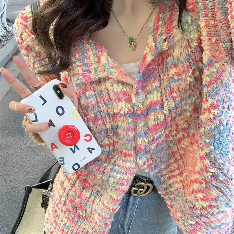 Retro rainbow patterned knitted cardigan sweater in green or pink ice cream colours with slim fit design