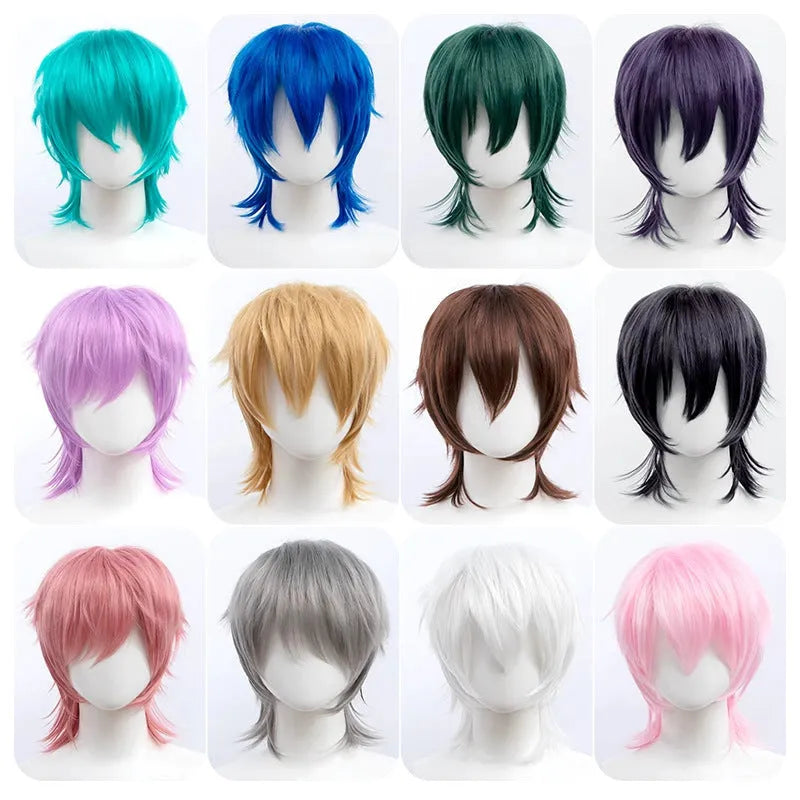 Men's short hair anime cosplay wig in high-temperature synthetic fibre on a stand