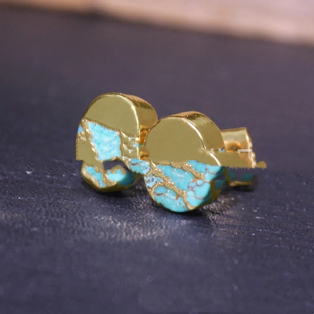 Handmade natural stone stud earrings with irregular geometric shapes on stainless steel posts