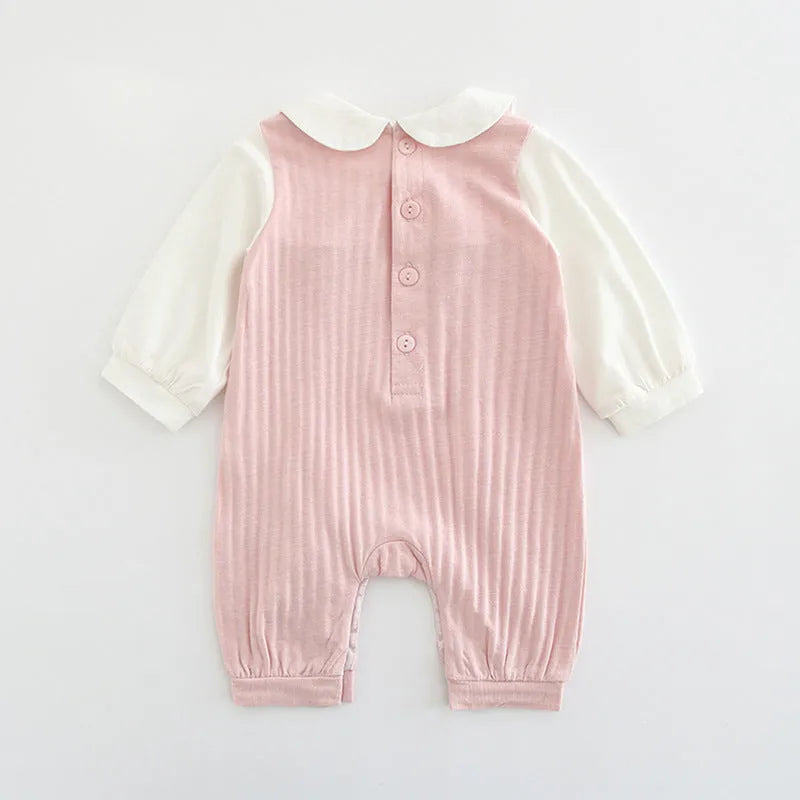 Pink 100% cotton baby embroidered jumpsuit with long sleeves, single-breasted closure, size 73cm