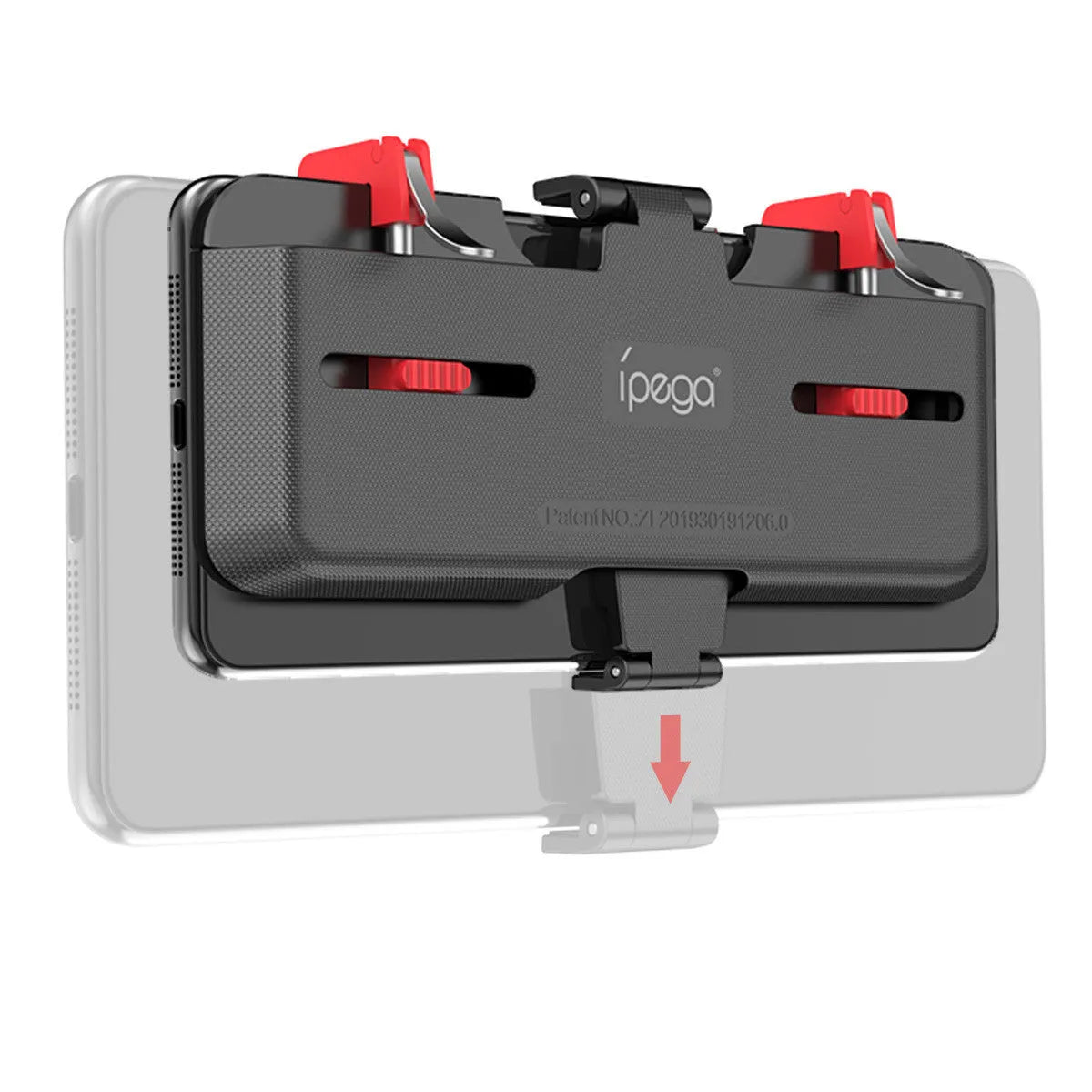 Black mobile phone gaming trigger bracket with an adjustable metal trigger and telescopic side clip.