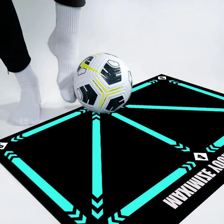 Black non-slip football training mat measuring 60 by 90 centimetres.