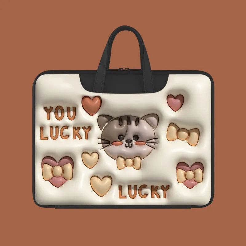 PU leather inflatable laptop bag with shoulder strap in Cat Beige colour, shown next to a laptop.