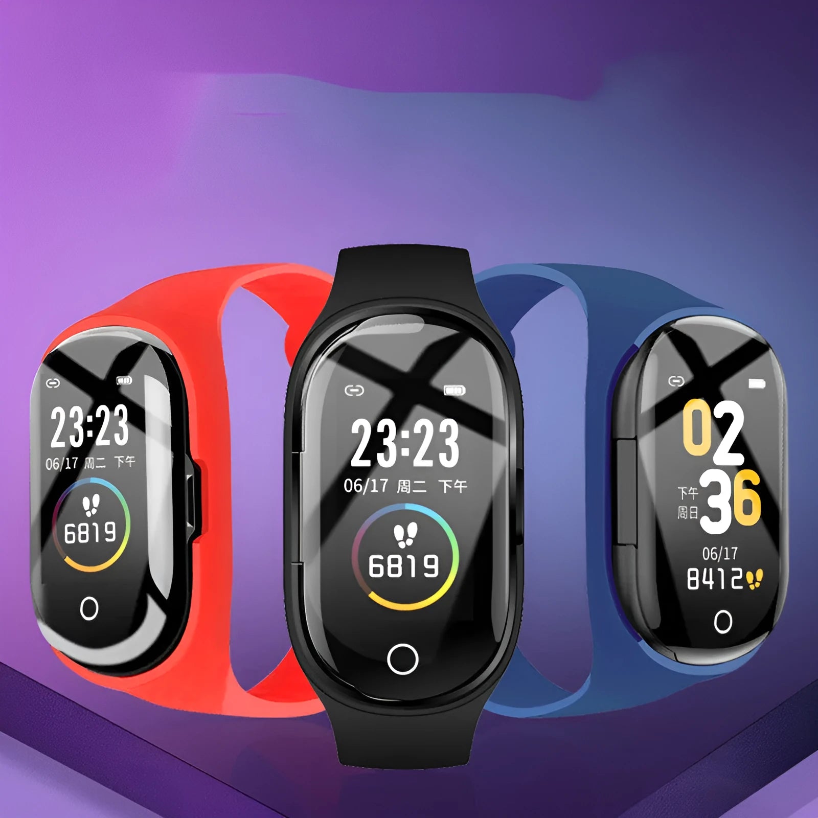 Smart bracelet and earphone combo with 1-inch touchscreen and silicone wristband in black, blue, or red colours