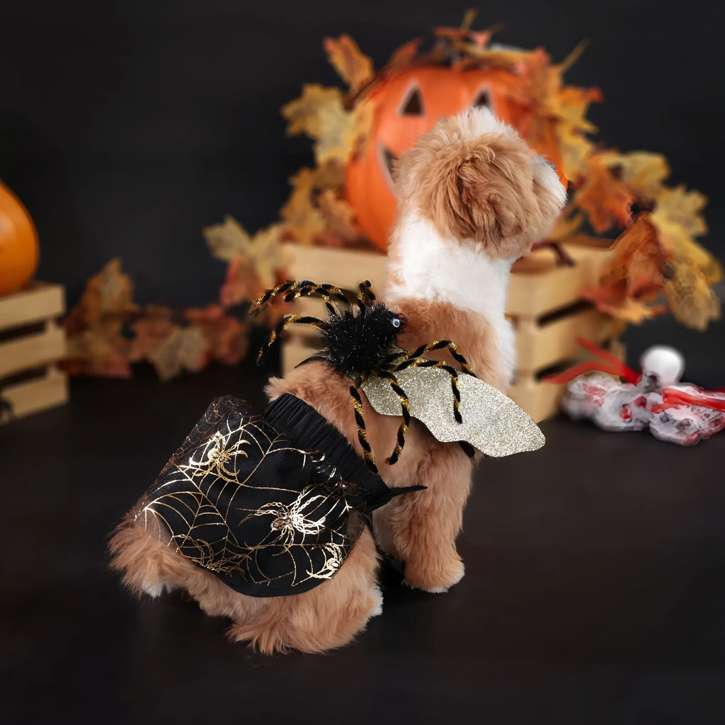 Polyester dog Halloween costume suit shown in a single colour, available in sizes S, M, L, and XL.