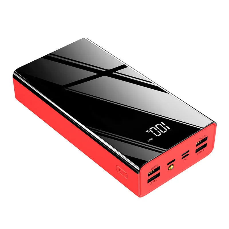 Red and black 40000mAh power bank with LCD display showing battery level.