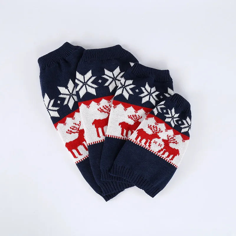 Navy blue Christmas dog knitted sweater with reindeer and star patterns, ribbed collar and hem