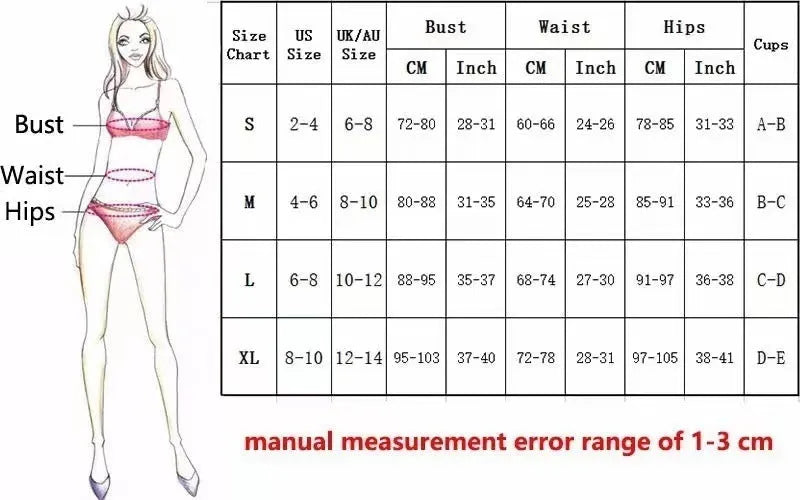 A woman's one-piece bikini swimsuit on a hanger, shown in black, rose red, and green colour options.