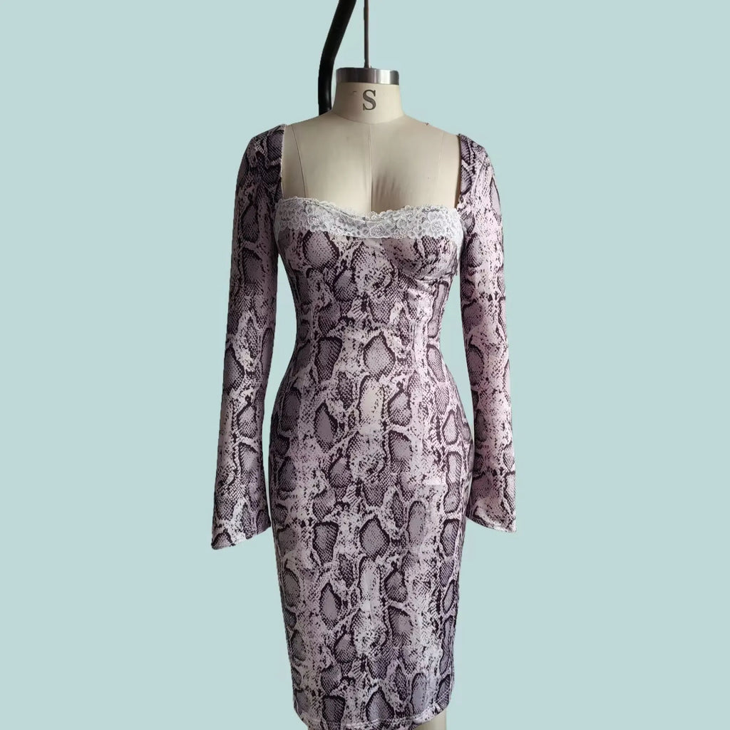 Grey women's slim fit digital printed lace dress with A-line skirt and long sleeves