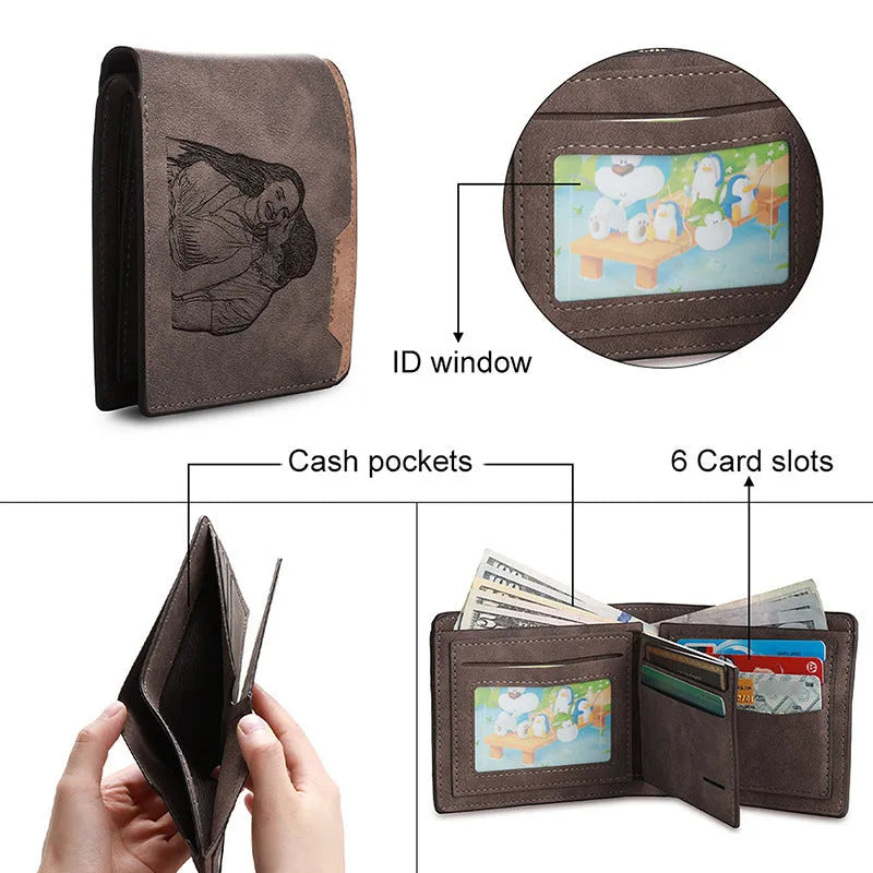Coffee brown PU leather horizontal wallet with photo engraving, measuring 120mm wide