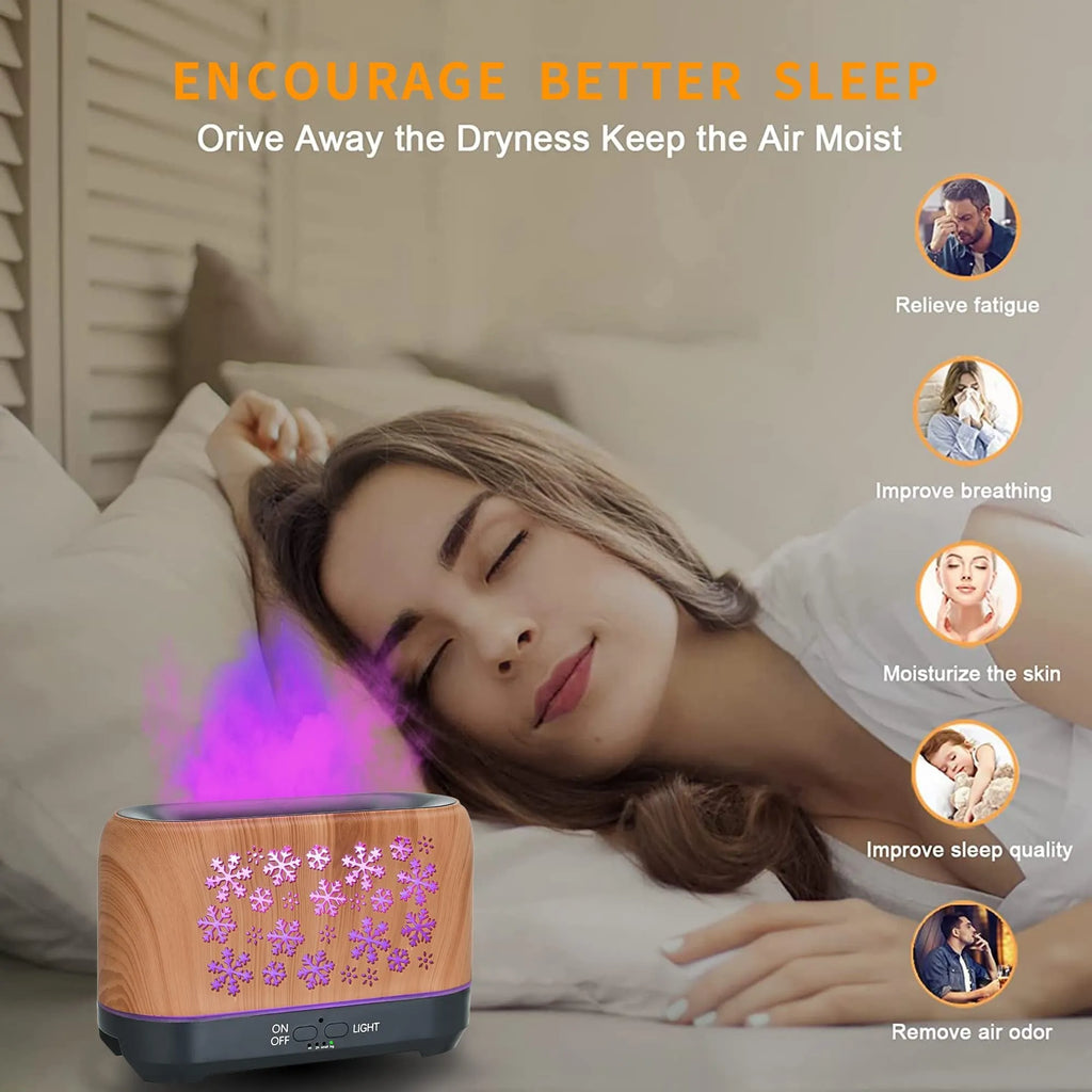 Christmas snowflake pattern humidifier with colourful flame effect and wood grain finish