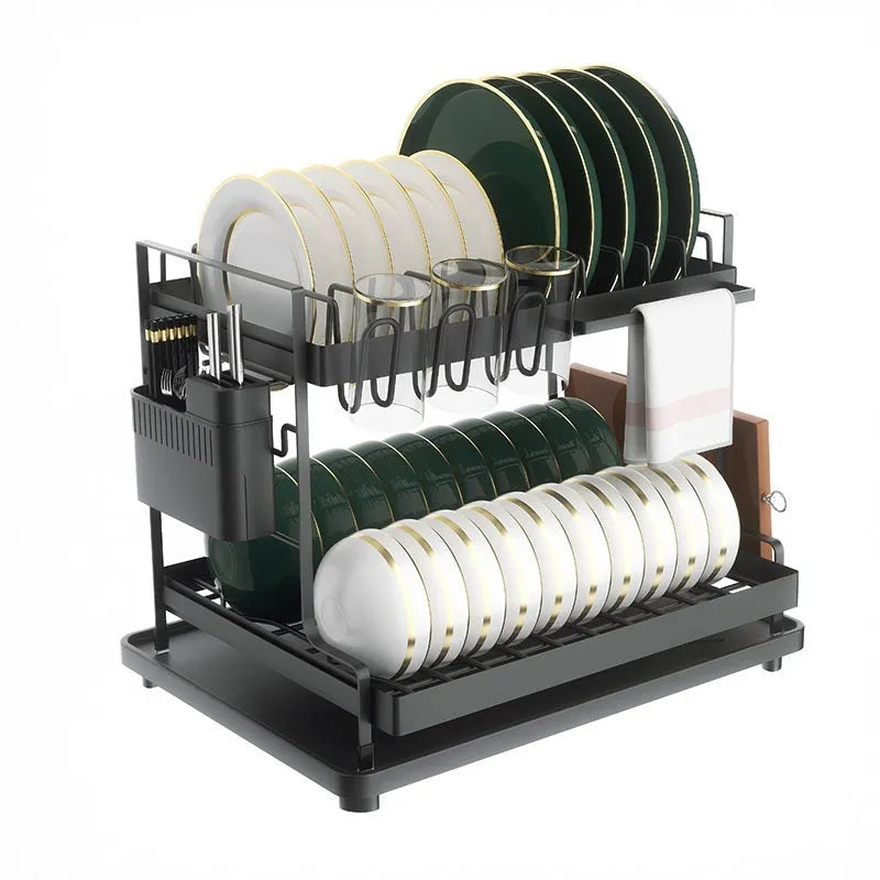 Double-layer kitchen storage rack with removable draining basket in modern design