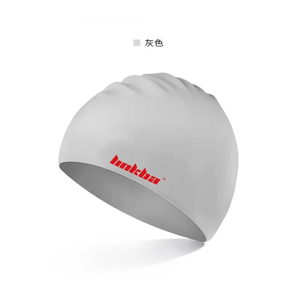 Silicone swimming cap with letter pattern in five colour options for waterproof swimming protection.