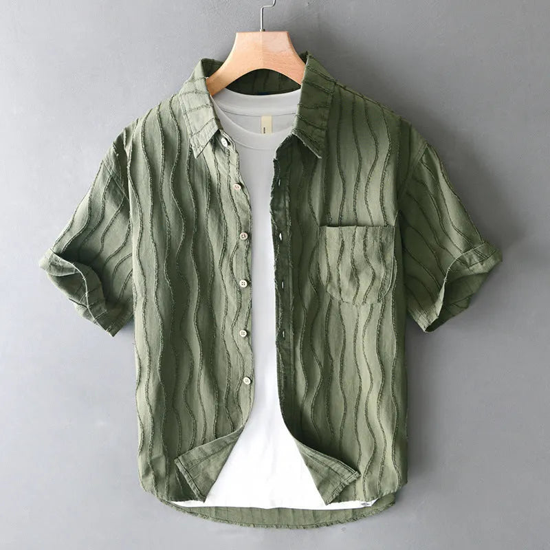 Men's pure cotton casual shirt in Japanese style with short sleeves and loose fit