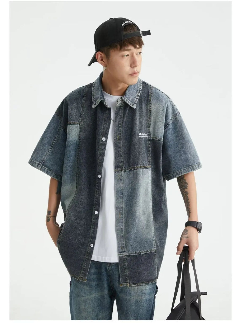 Blue Japanese-style retro washed denim shirt for men in a loose cardigan fit.