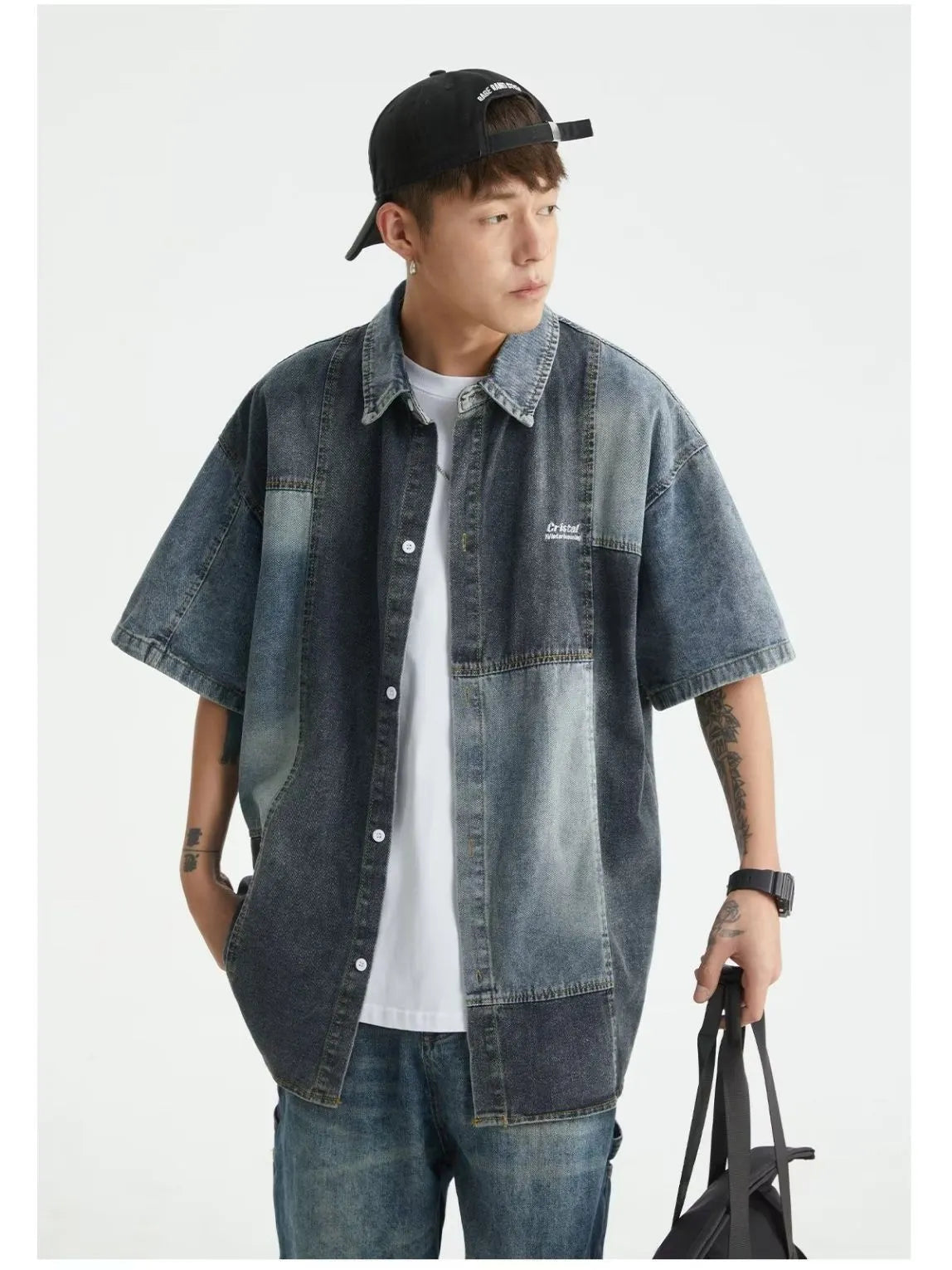 Blue Japanese-style retro washed denim shirt for men in a loose cardigan fit.