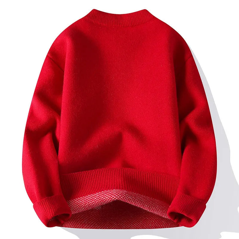 Men's loose-fit grey knitted pullover with a ribbed hemline, showing front view.