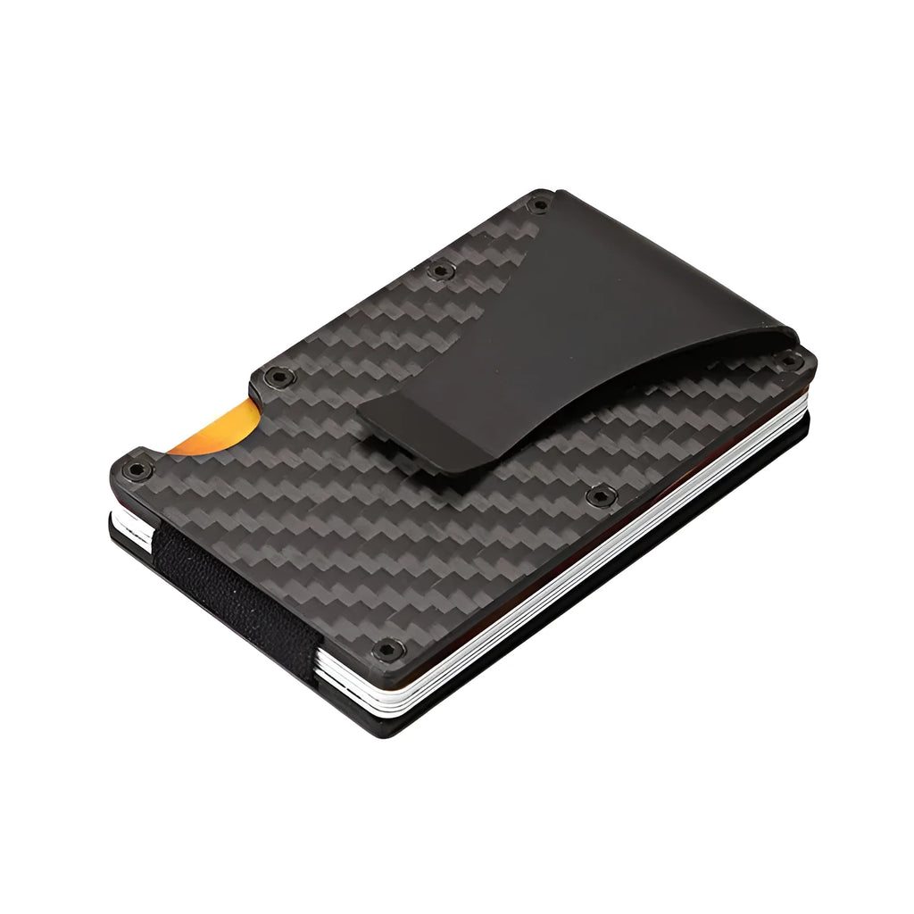 Black carbon fiber and aluminum RFID anti-magnetic card holder wallet on flat surface
